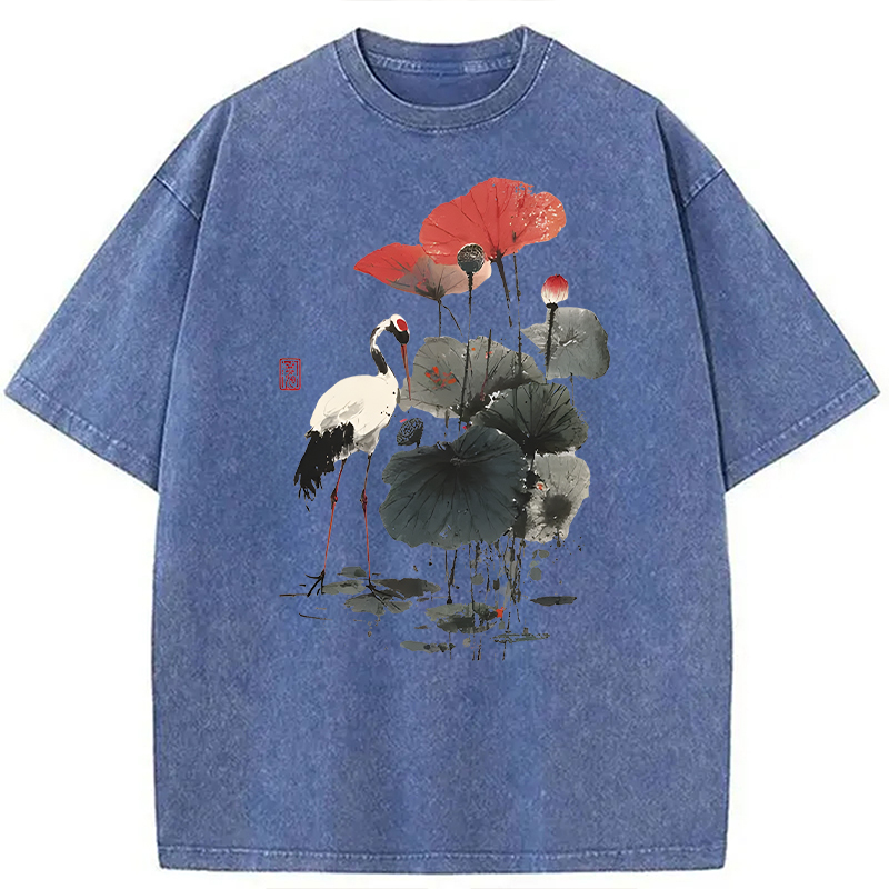Modecanvas White Crane Among Lotus DTG Printing Washed T-Shirt