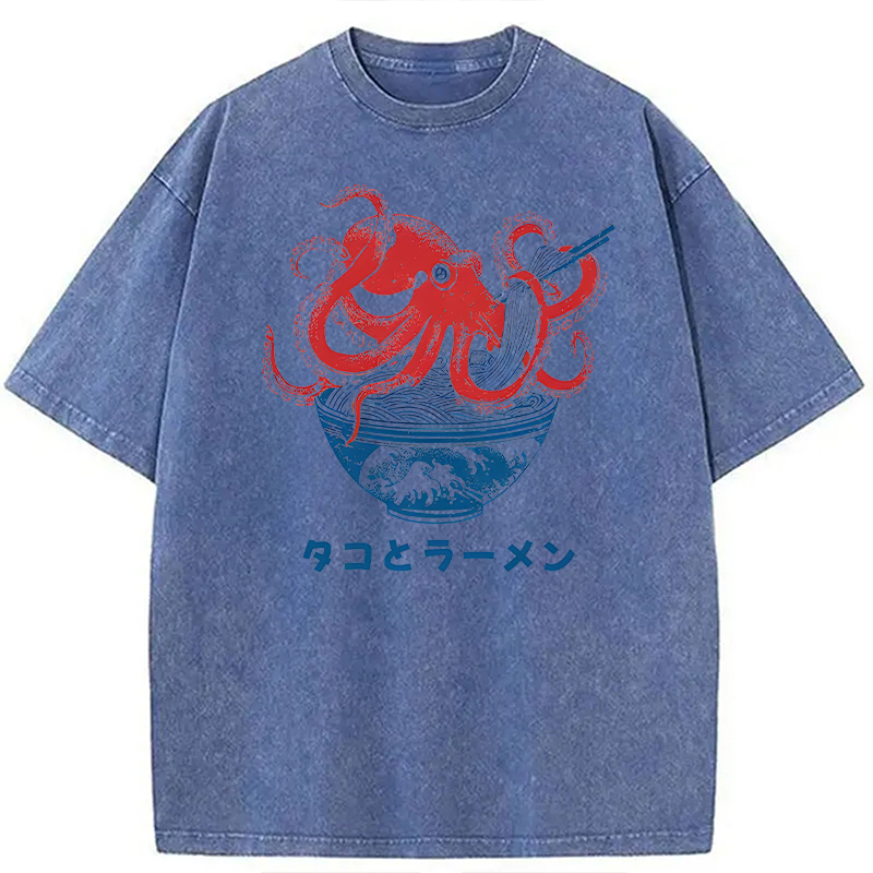 Modecanvas Octopus Eating Ramen DTG Printing Washed T-Shirt