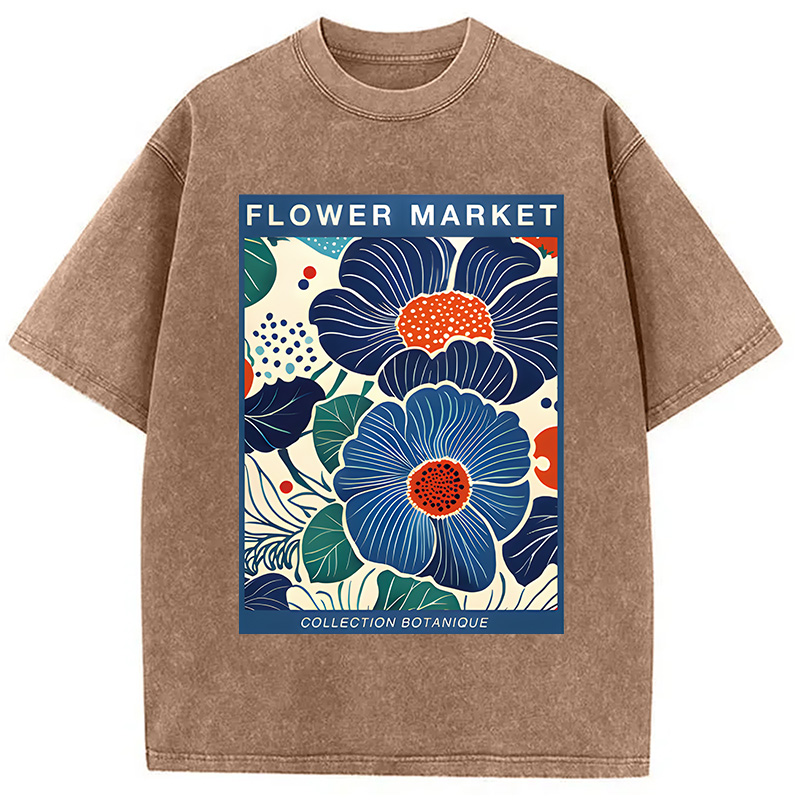 Modecanvas Blue Flowers Botanical Art DTG Printing Washed T-Shirt