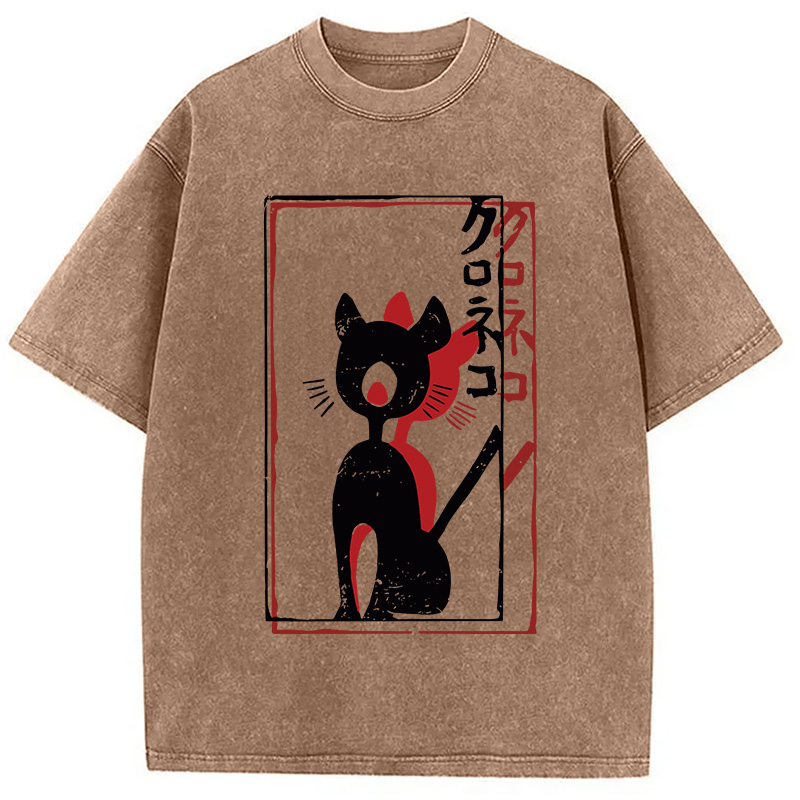 Modecanvas Japanese Retro Black Cat Poster DTG Printing Washed T-Shirt