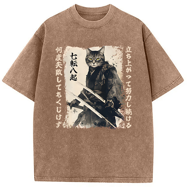 Modecanvas Samurai Japanese Cat DTG Printing Washed T-Shirt
