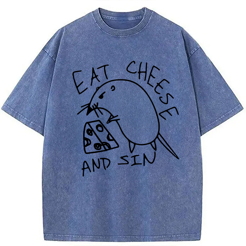 Modecanvas Eat Cheese And Sin Meme Washed T-Shirt-modecanvas