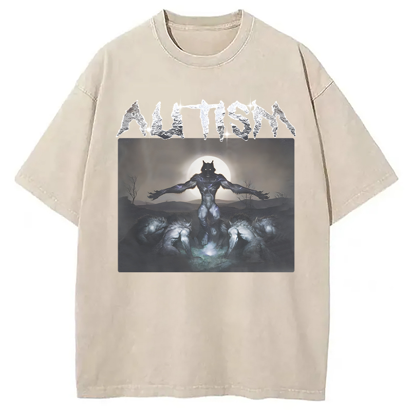 Modecanvas Funny Autism Wolf DTG Printing Washed T-Shirt