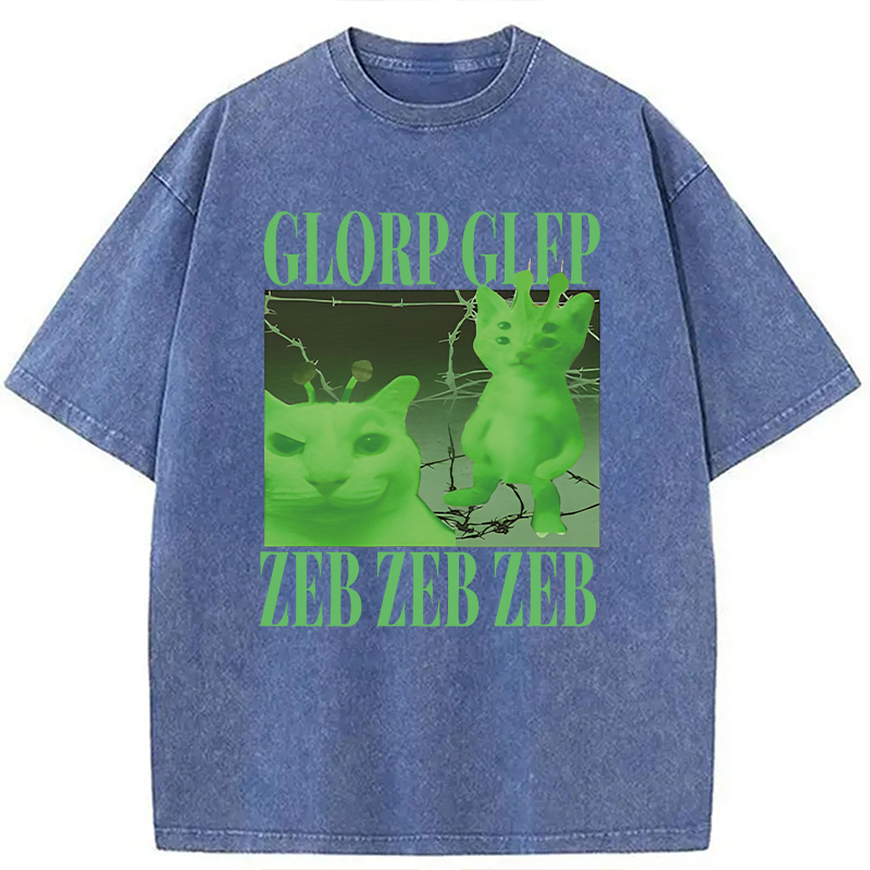 Modecanvas Green Alien Cat Meme DTG Printing Washed T-Shirt