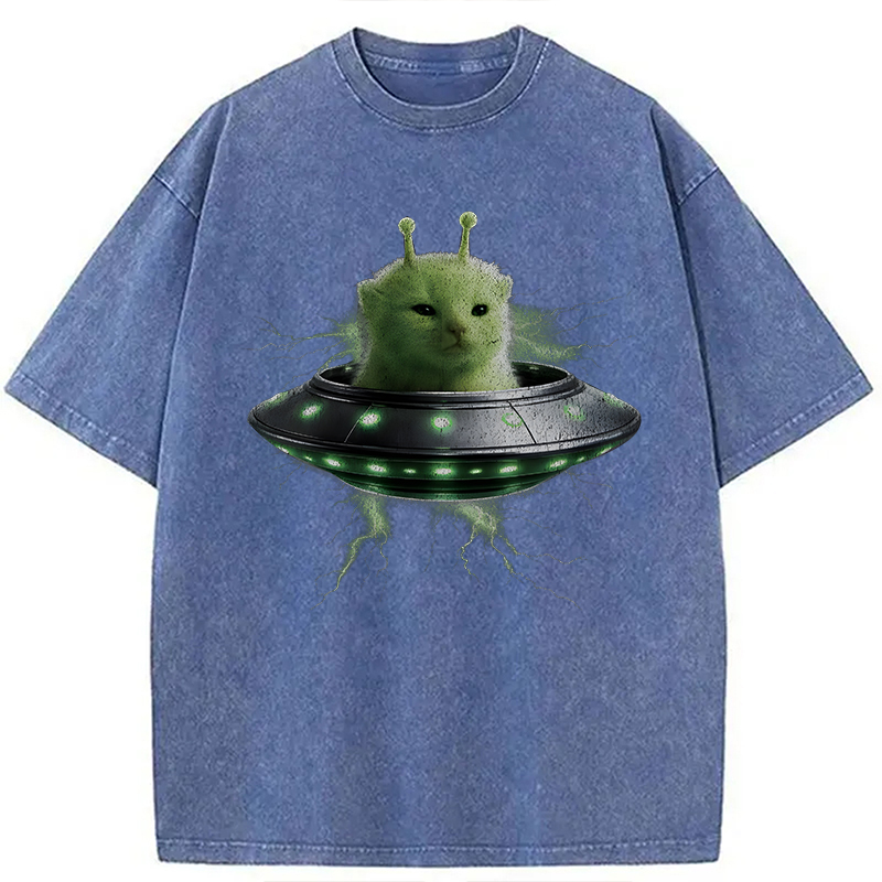 Modecanvas UFO Alien Cat DTG Printing Washed T-Shirt