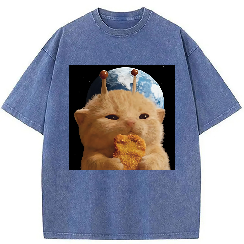 Modecanvas Space Chicken Nugget Alien Cat DTG Printing Washed T-Shirt