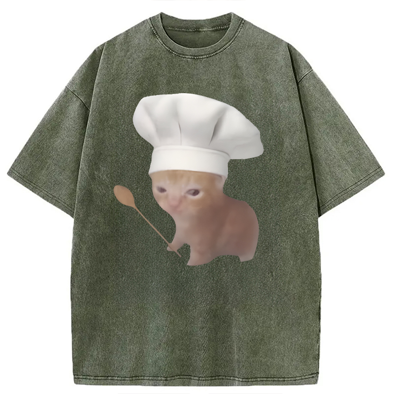 Modecanvas Funny Culinary Kitty Meme DTG Printing Washed T-Shirt