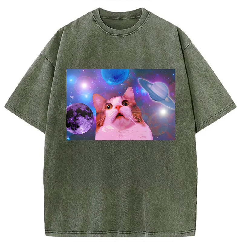 Modecanvas Funny Cat In Space DTG Printing Washed T-Shirt