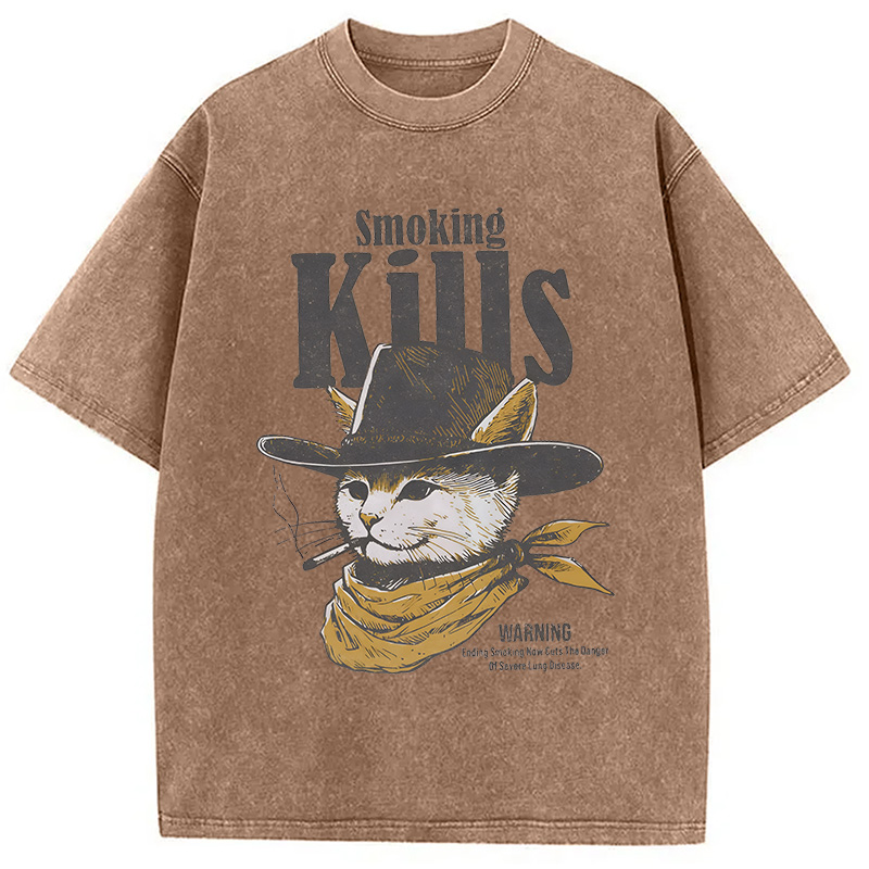 Modecanvas Funny Anti Smoking Cat DTG Printing Washed T-Shirt