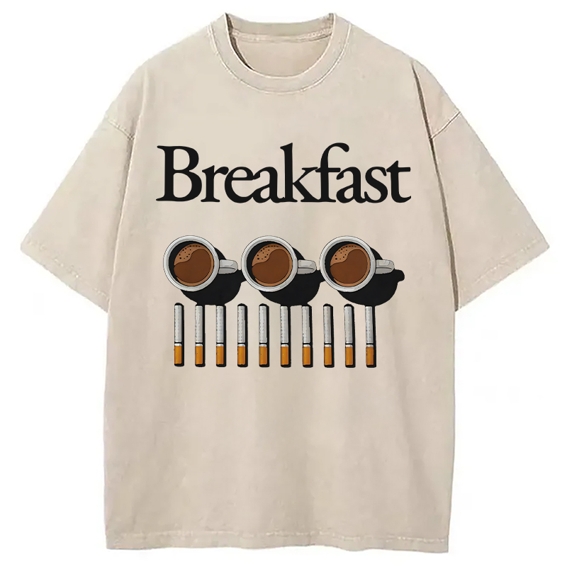 Modecanvas Breakfast Coffee And Cigarettes DTG Printing Washed T-Shirt