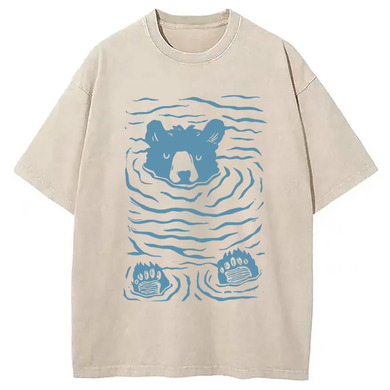 Modecanvas Minimalist Linocut Bear DTG Printing Washed T-Shirt