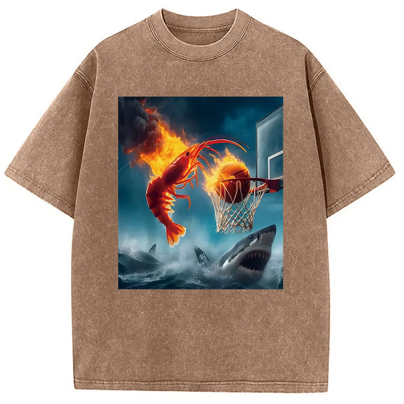 Modecanvas Shrimp Dunking on Shark Funny DTG Printing Washed T-Shirt
