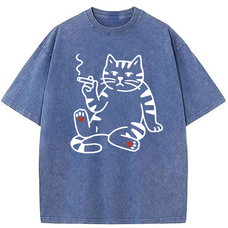 Modecanvas Funny Smoking Cat Meme DTG Printing Washed T-Shirt