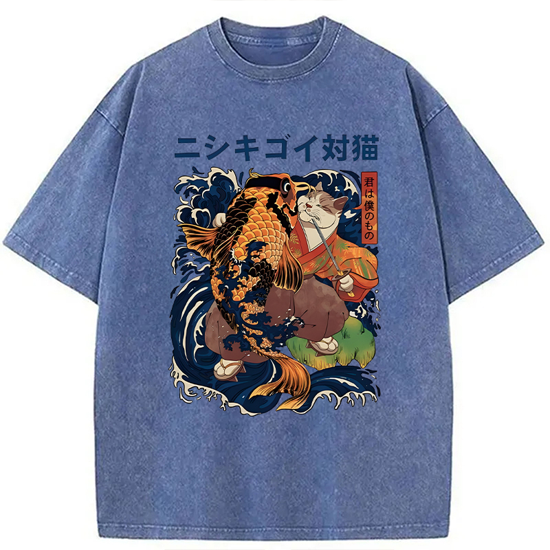 Modecanvas Harajuku Samurai Cat Koi Fish DTG Printing Washed T-Shirt
