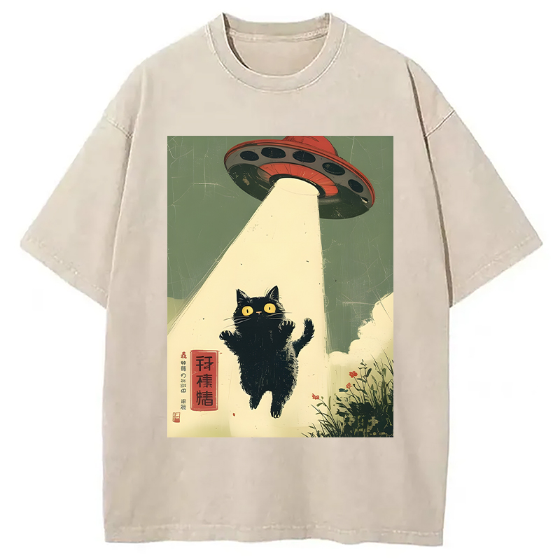 Modecanvas Vintage Japanese Alien Cat DTG Printing Washed T-Shirt