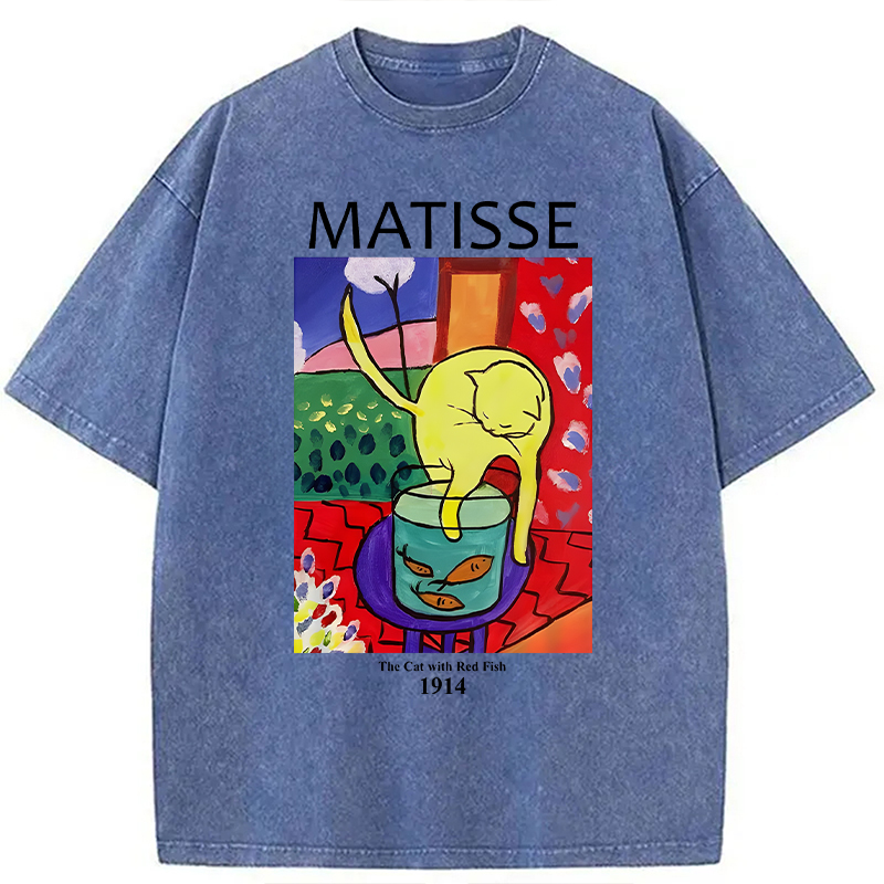 Modecanvas The Cat with Red Fish DTG Printing Washed T-Shirt