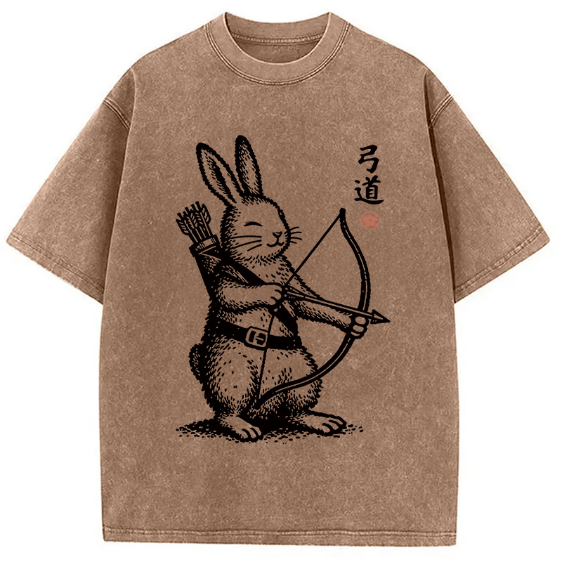 Modecanvas Rabbit Shooting Arrows DTG Printing Washed T-Shirt
