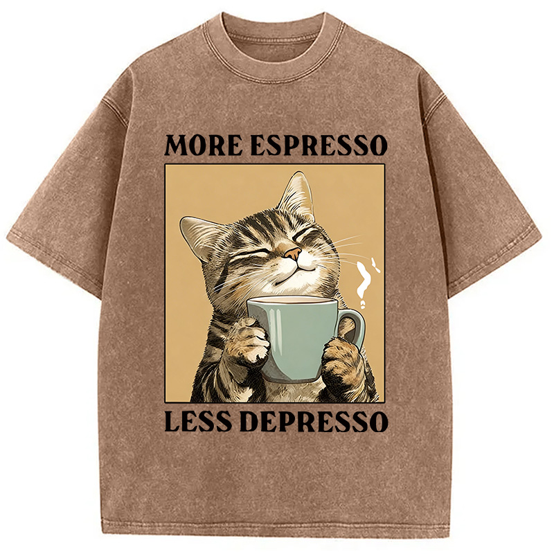 Modecanvas Cute Cat Drinking Coffee DTG Printing Washed T-Shirt