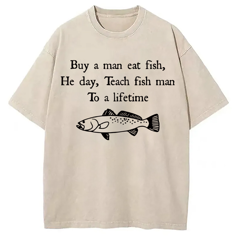 Modecanvas Man Eat Fish Meme DTG Printing Washed T-Shirt