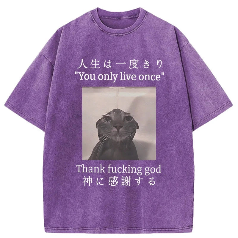 Modecanvas Funny Melancholy Cat Washed T-Shirt-modecanvas