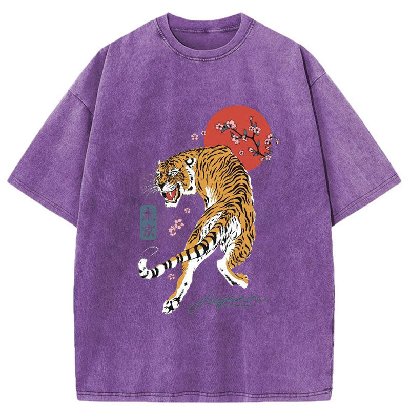 Modecanvas Tiger Blossom Japanese Sakura Washed T-Shirt-modecanvas