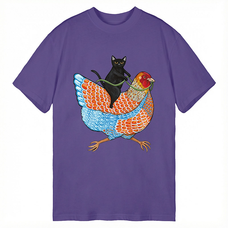 Modecanvas Black Cat On a Wyandotte Chicken DTG Printing Classic T-Shirt-modecanvas
