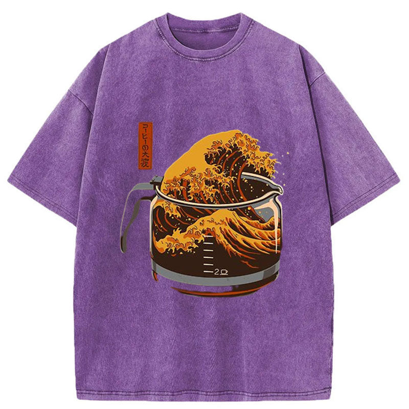 Modecanvas The Great Wave Off Coffee Japanese Washed T-Shirt-modecanvas
