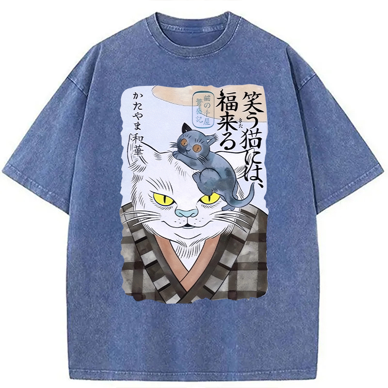 Modecanvas Japanese Vintage Cat DTG Printing Washed T-Shirt