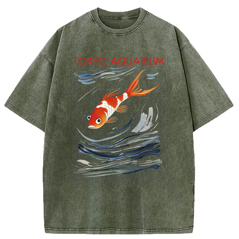 Modecanvas Tokyo Aquarium Koi Fish DTG Printing Washed T-Shirt