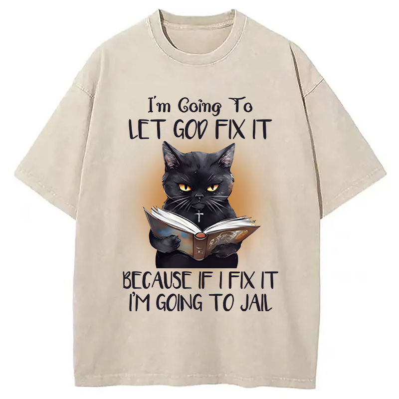 Modecanvas Funny Sarcastic Black Cat DTG Printing Washed T-Shirt