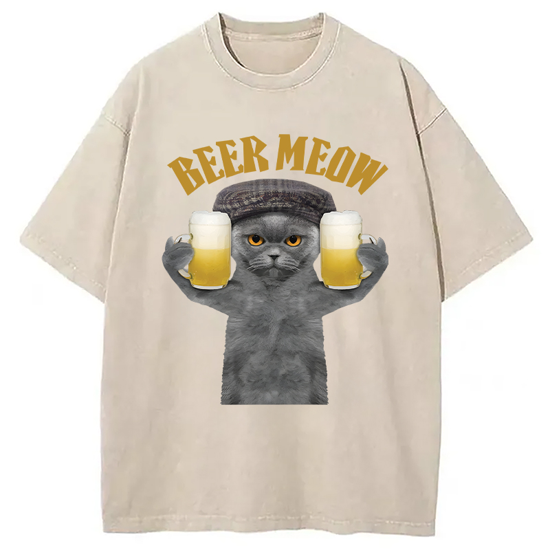 Modecanvas Funny Cat Drinking Or Serving Beer DTG Printing Washed T-Shirt