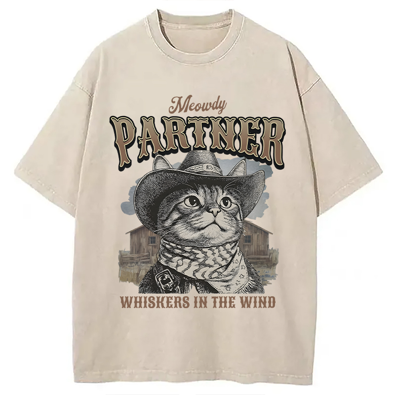 Modecanvas Meowdy Partner Cowboy Cat DTG Printing Washed T-Shirt