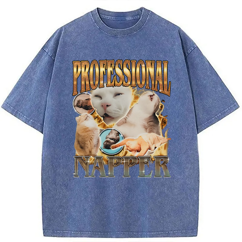 Modecanvas Professional Napper Funny Cat DTG Printing Washed T-Shirt