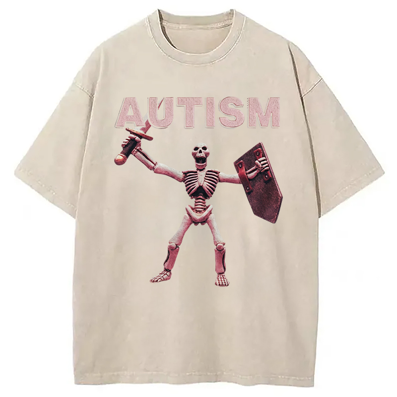 Modecanvas Funny Autism Skeleton Offensive Meme DTG Printing Washed T-Shirt