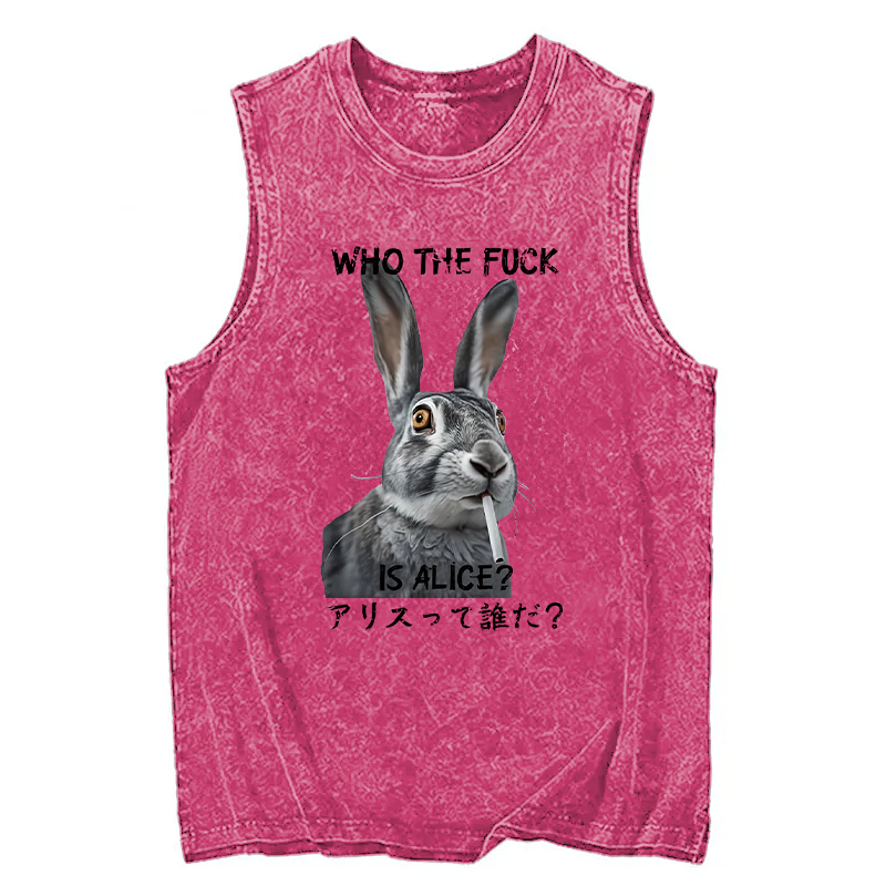 Modecanvas Who The Fvck Is Alice Funny Rabbit Smoking DTG Printing Washed Tank-modecanvas