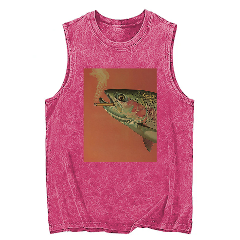 Modecanvas Trout Smoking A Cigarette DTG Printing Washed Tank-modecanvas