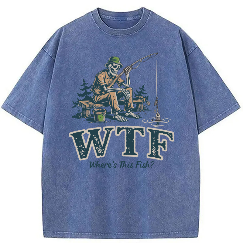Modecanvas Funny WTF Where Is The Fish DTG Printing Washed T-Shirt