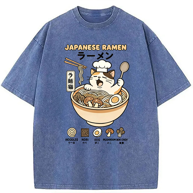 Modecanvas Ramen Cat DTG Printing Washed T-Shirt