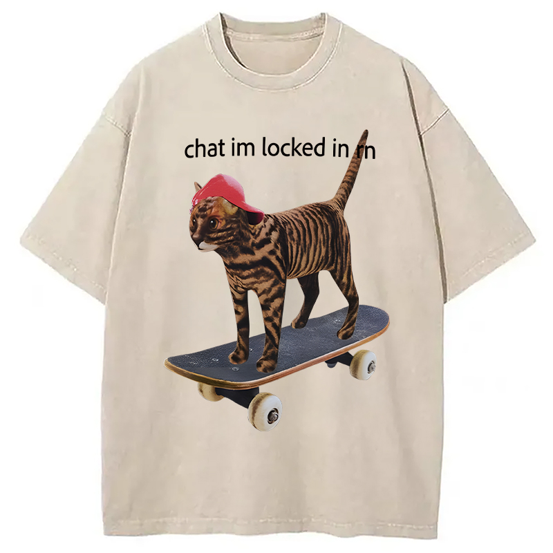 Modecanvas Locked In Skateboard Cat DTG Printing Washed T-Shirt