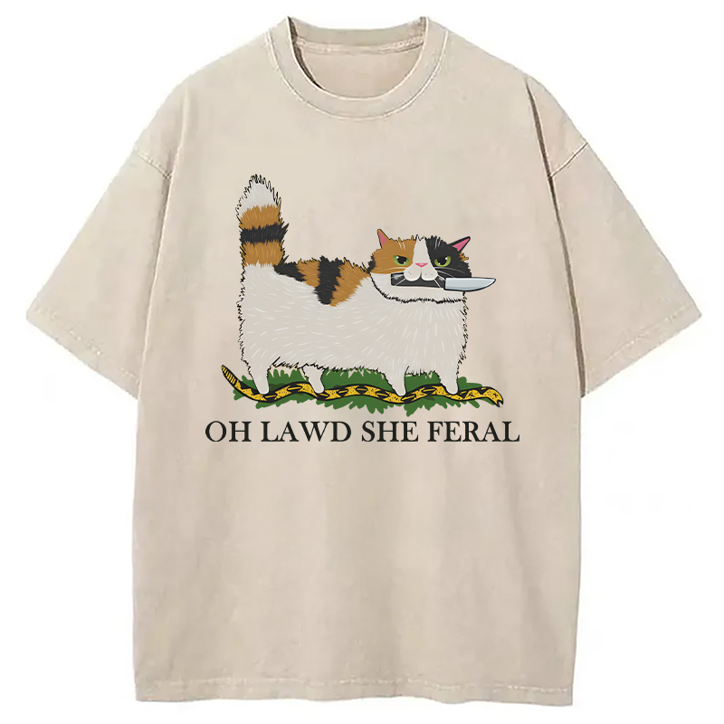 Modecanvas Oh Lawd She Feral Funny Cat Meme DTG Printing Washed T-Shirt