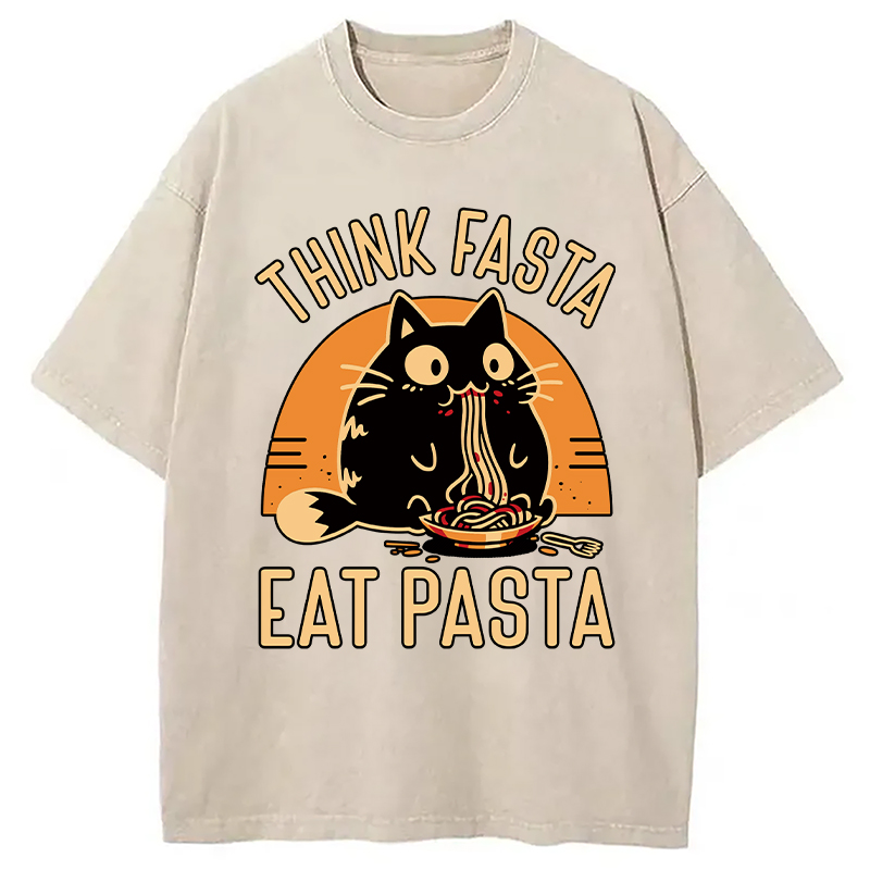 Modecanvas Think Fast Eat Pasta Funny Cat DTG Printing Washed T-Shirt