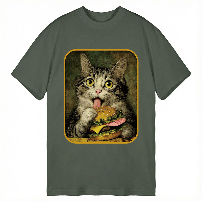 Modecanvas Trying to Eat Burger Funny Cute Cat DTG Printing Classic T-Shirt-modecanvas