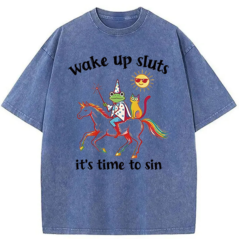 Modecanvas Wake Up Sluts Funny Frog DTG Printing Washed T-Shirt