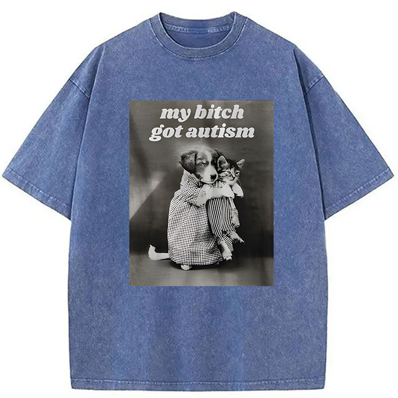 Modecanvas My B!tch Got Autism Funny Dog Holding Cat Meme DTG Printing Washed T-Shirt