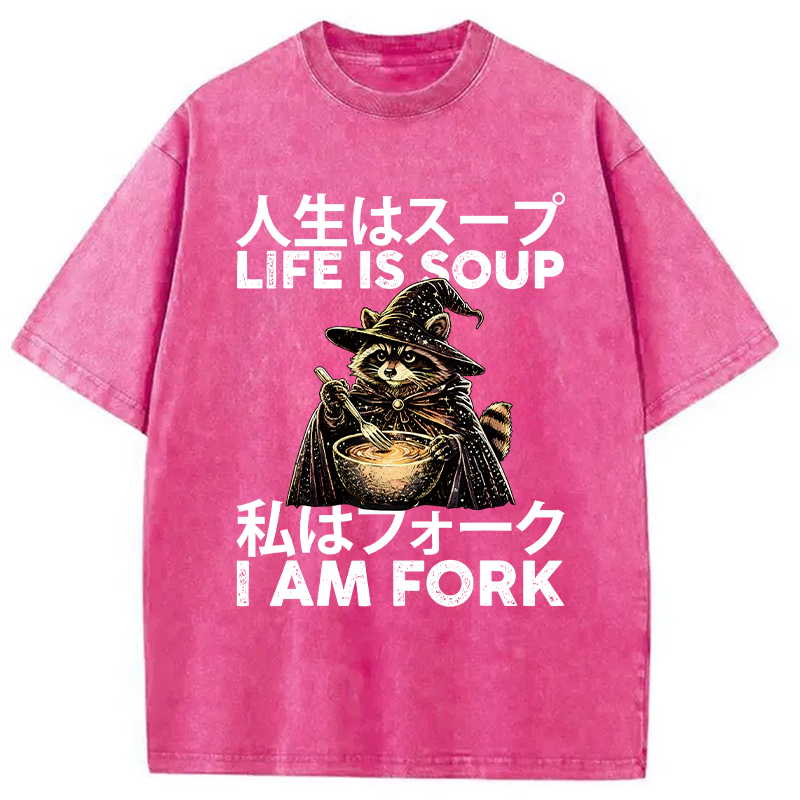 Modecanvas Life is Soup I Am Fork Funny Raccoon Wizard Meme DTG Printing Washed T-Shirt
