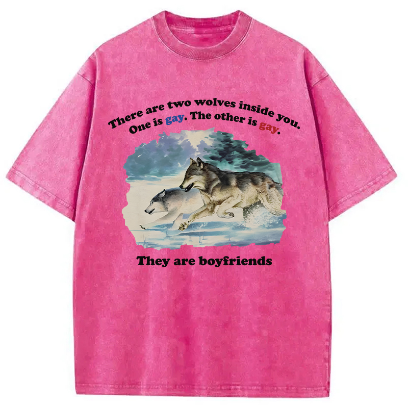 Modecanvas Two Wolves Gay Meme DTG Printing Washed T-Shirt