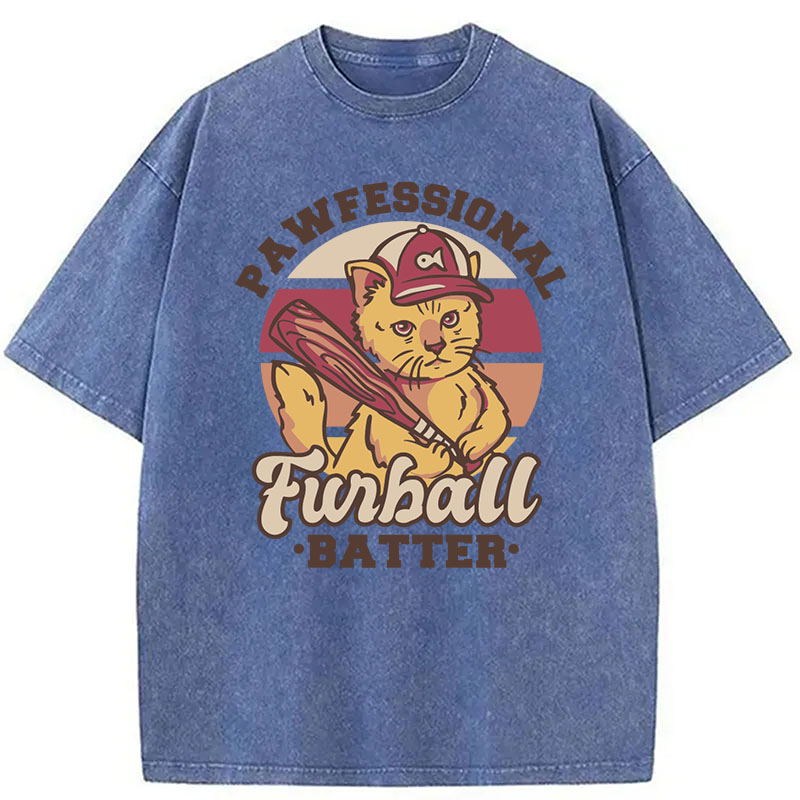 Modecanvas Furball Batter Funny Cat DTG Printing Washed T-Shirt