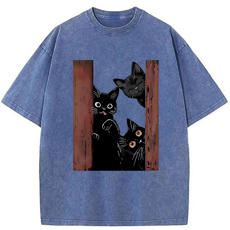 Modecanvas Funny Cats Spying On You DTG Printing Washed T-Shirt