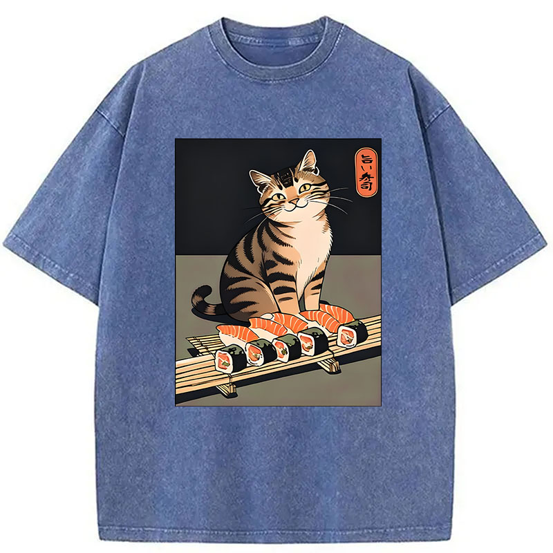 Modecanvas Cute Cat Trying To Steal Sushi DTG Printing Washed T-Shirt