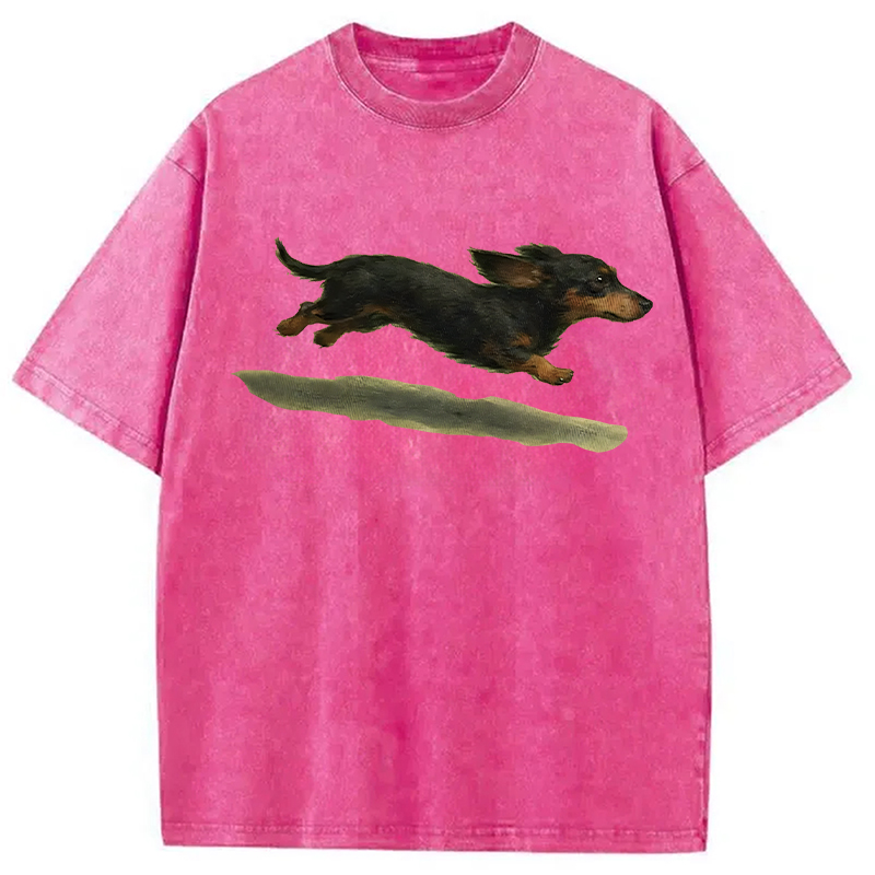 Modecanvas Funny Retro Cute Running Dog DTG Printing Washed T-Shirt